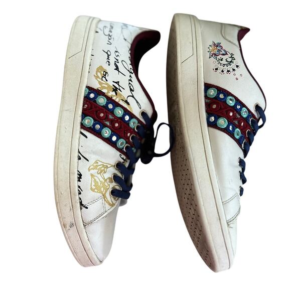 Desigual White Burgundy Aqua Mirror Boho Embellished Leather Sneakers - Picture 4 of 10